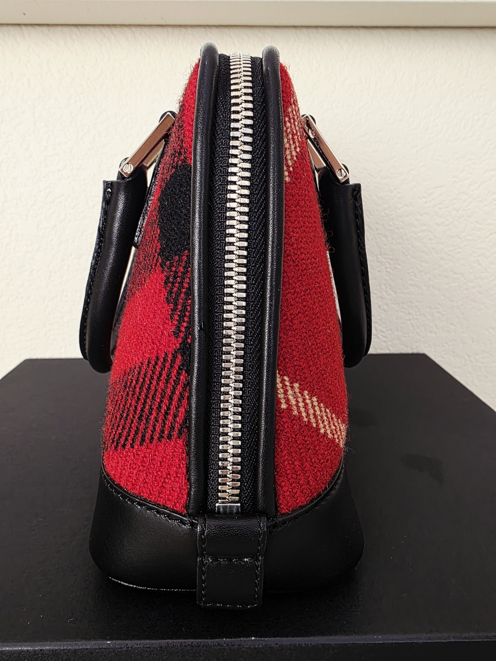 Burberry Red Black Tartan Wool & Genuine Leather Mini Handbag - Picture 3 of 16